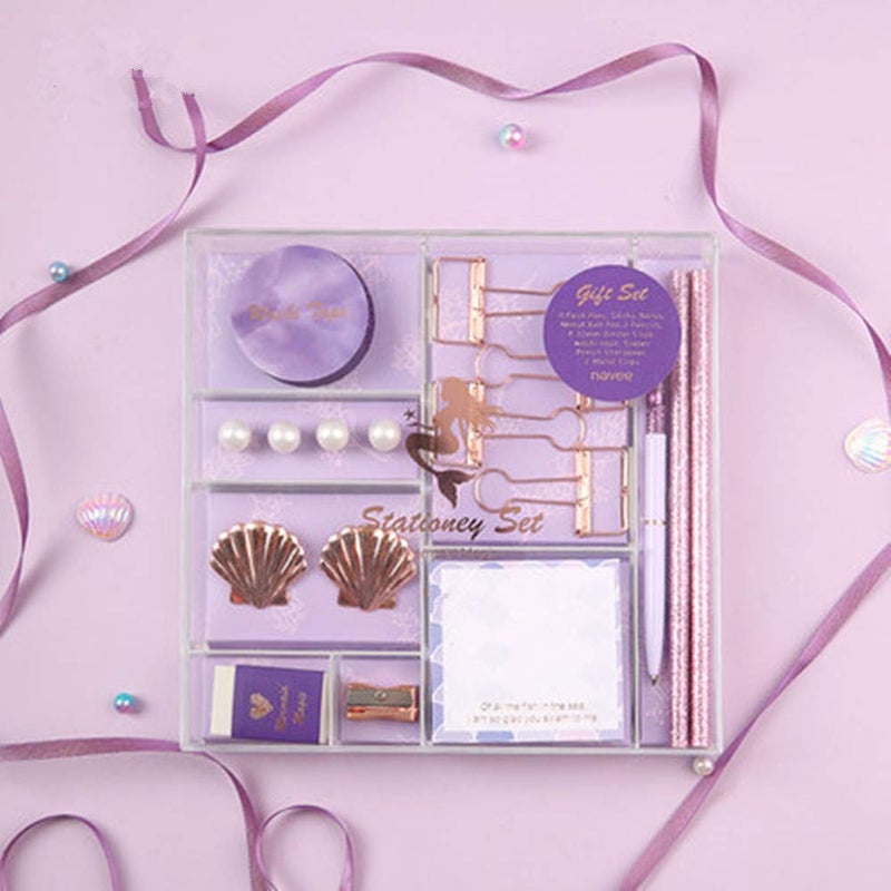 MultiBey Cute Stationery Set Ballpoint Pen Pencils Washi Tape Eraser Pearl Push Pins Sticky Note Pads Rose Gold Binder Clips Purple Mermaid Office School Desk Supplies Kit Gift for Women - Image 4